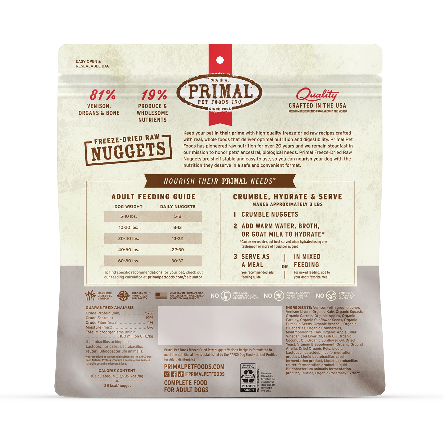 Primal Freeze-Dried Raw Nuggets Dog Food Venison Recipe 14OZ