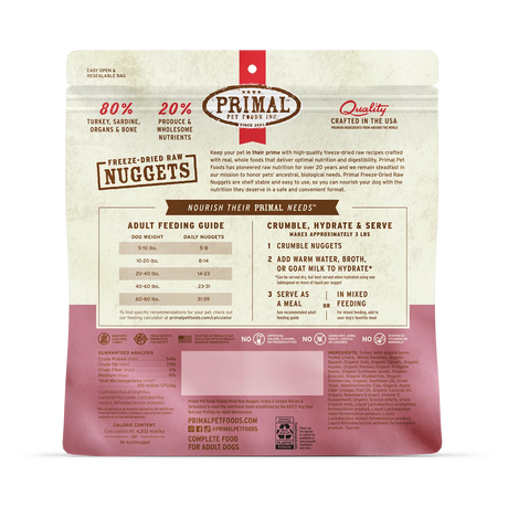 Primal Freeze-Dried Raw Nuggets Dog Food Turkey & Sardine Recipe