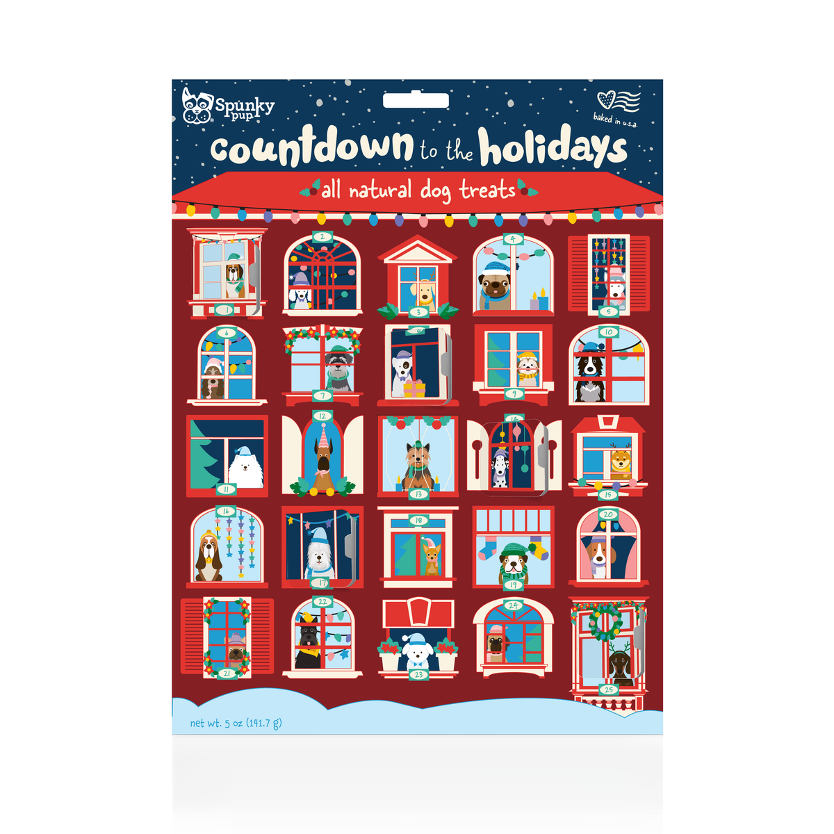 Holiday treat advent calendar box with colorful window and house illustrations