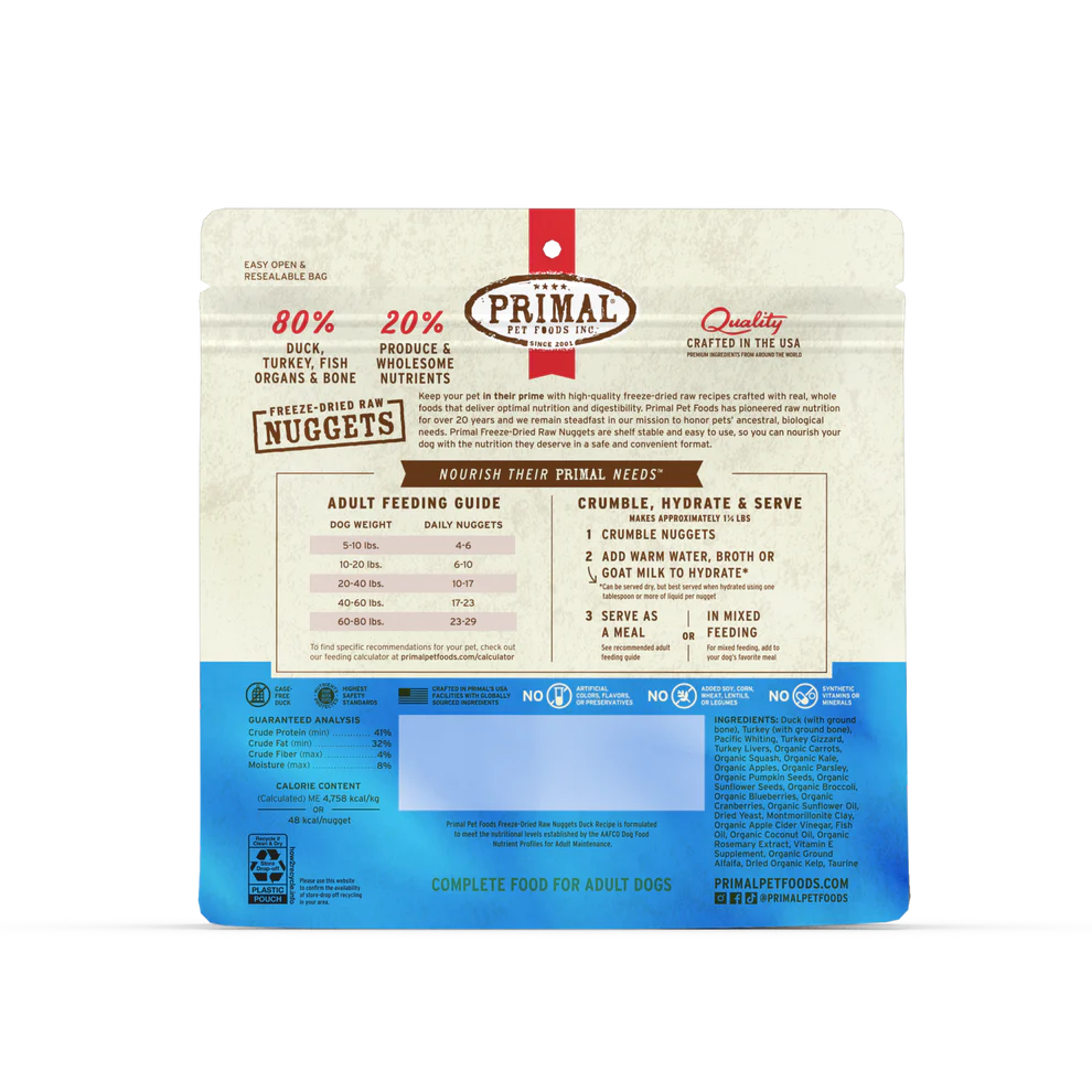 Primal Freeze-Dried Raw Nuggets Dog Food Duck Recipe