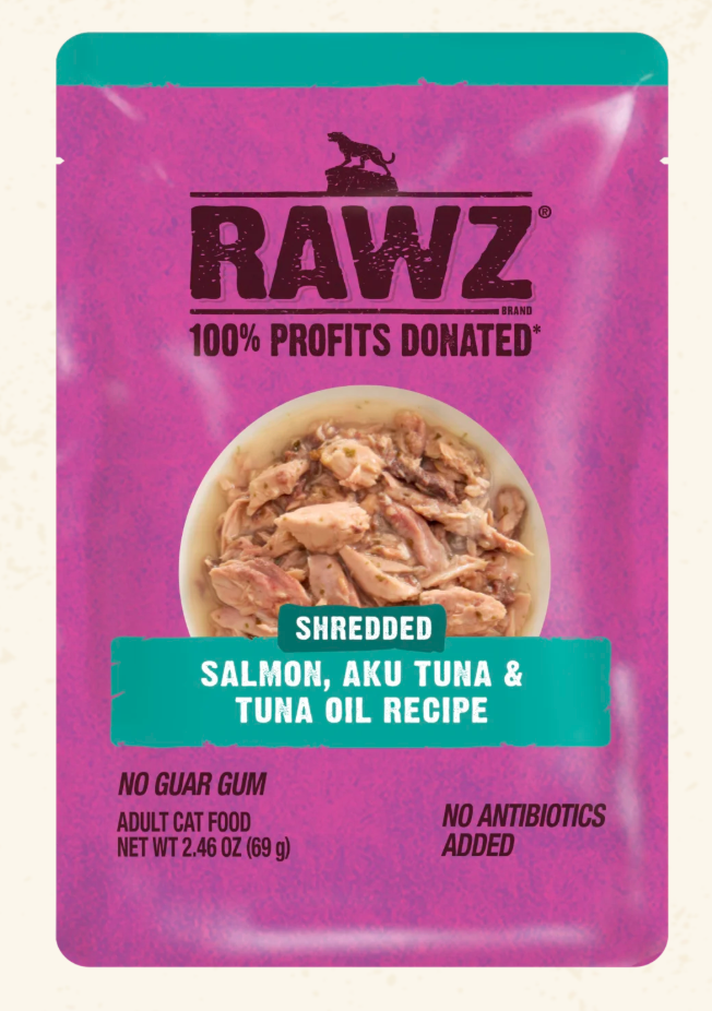 RAWZ Shredded Salmon, Aku Tuna & Tuna Oil Cat Food Recipe 2.46OZ