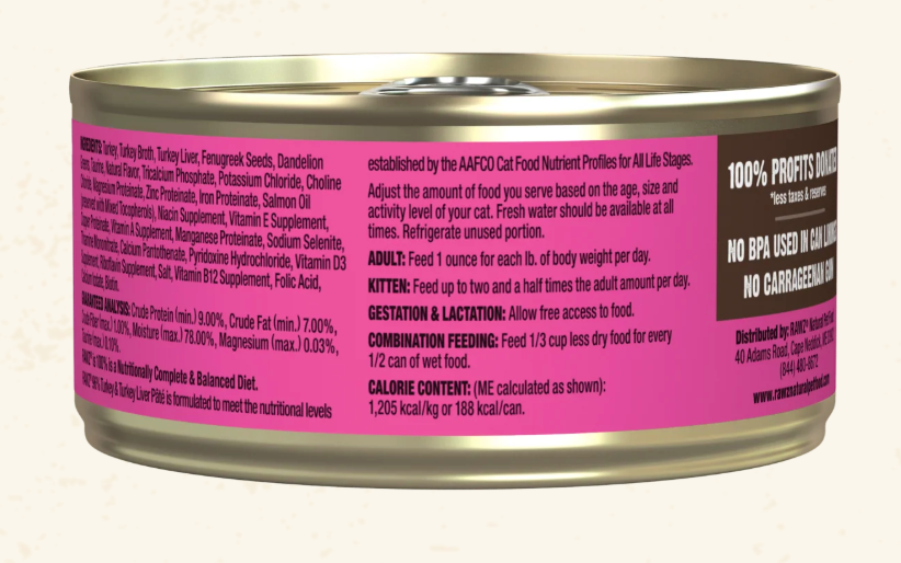RAWZ 96% Turkey & Turkey Liver Pate Cat Food 3OZ
