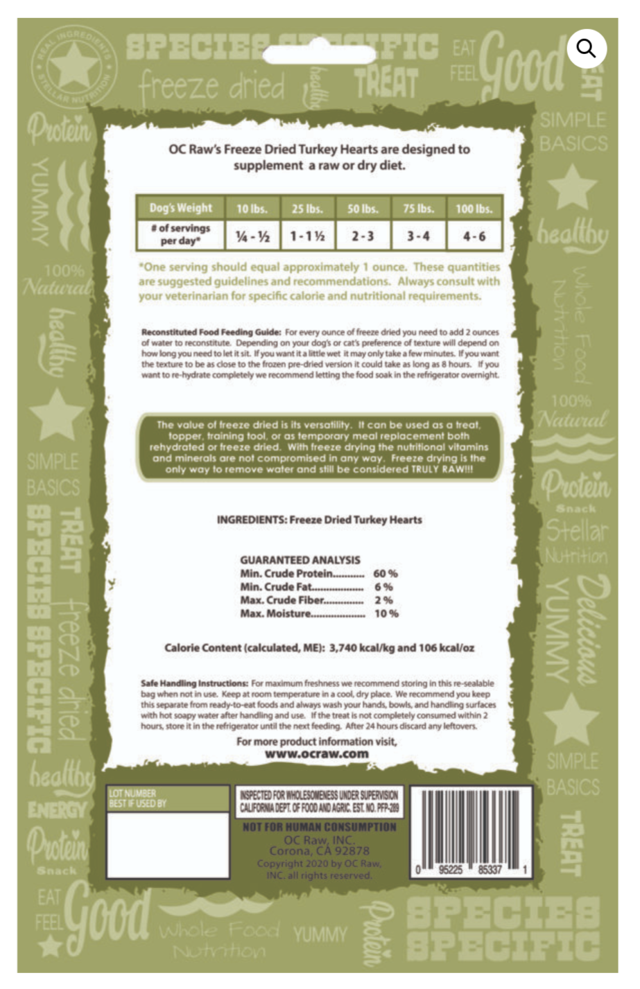 OC Raw Treats Freeze-Dried Turkey Hearts 4OZ