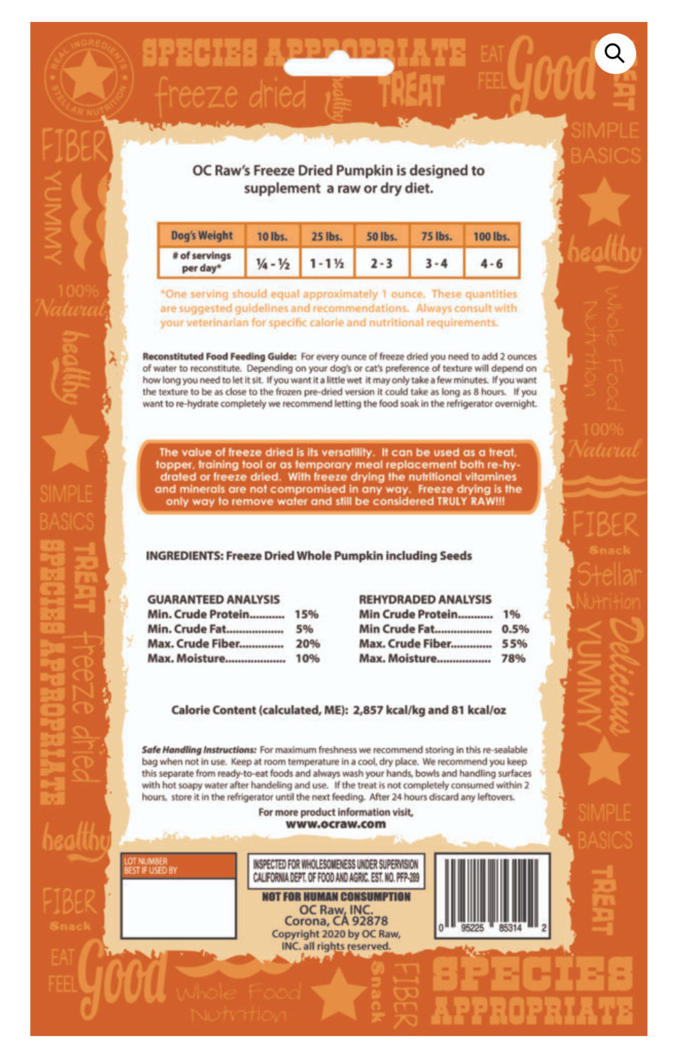 OC Raw Pumpkin ~ 5.5 oz Freeze Dried