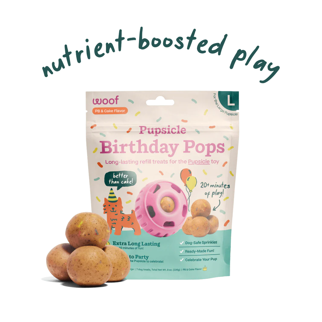 Dog treat freezer toy pack with Birthday Pops card and brown treat bites
