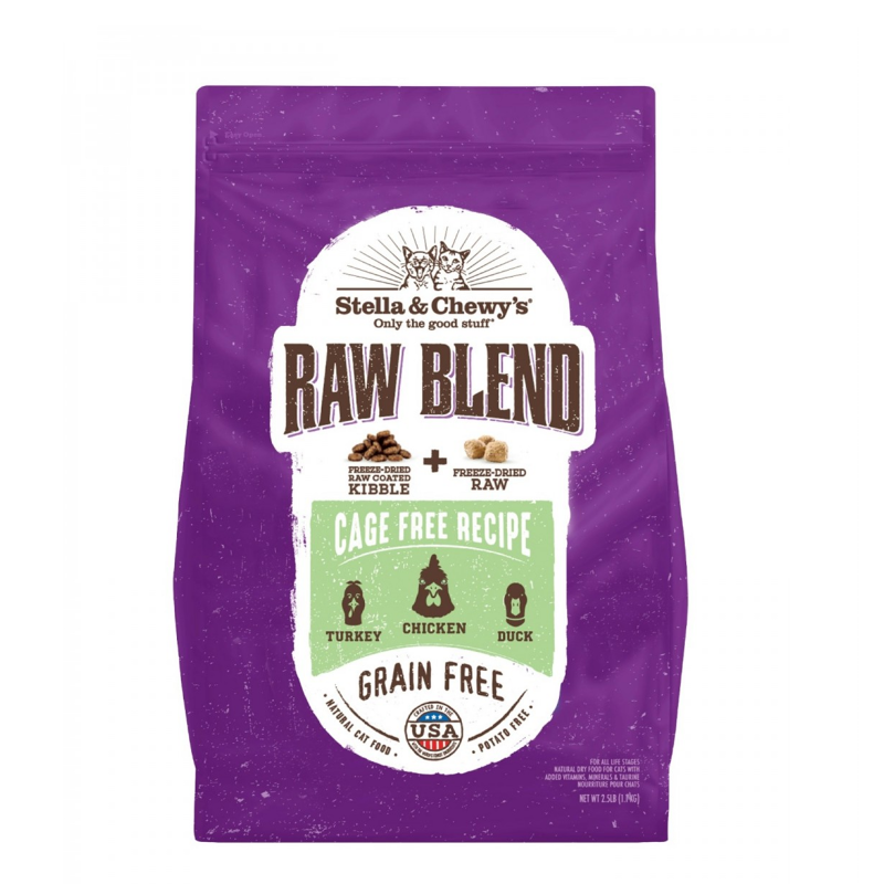 Purple dry dog food pouch, Raw Blend cage-free recipe, grain-free turkey chicken duck