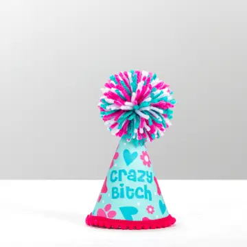 Multicolor pom-pom cone party hat with “Crazy Bitch” text and heart prints