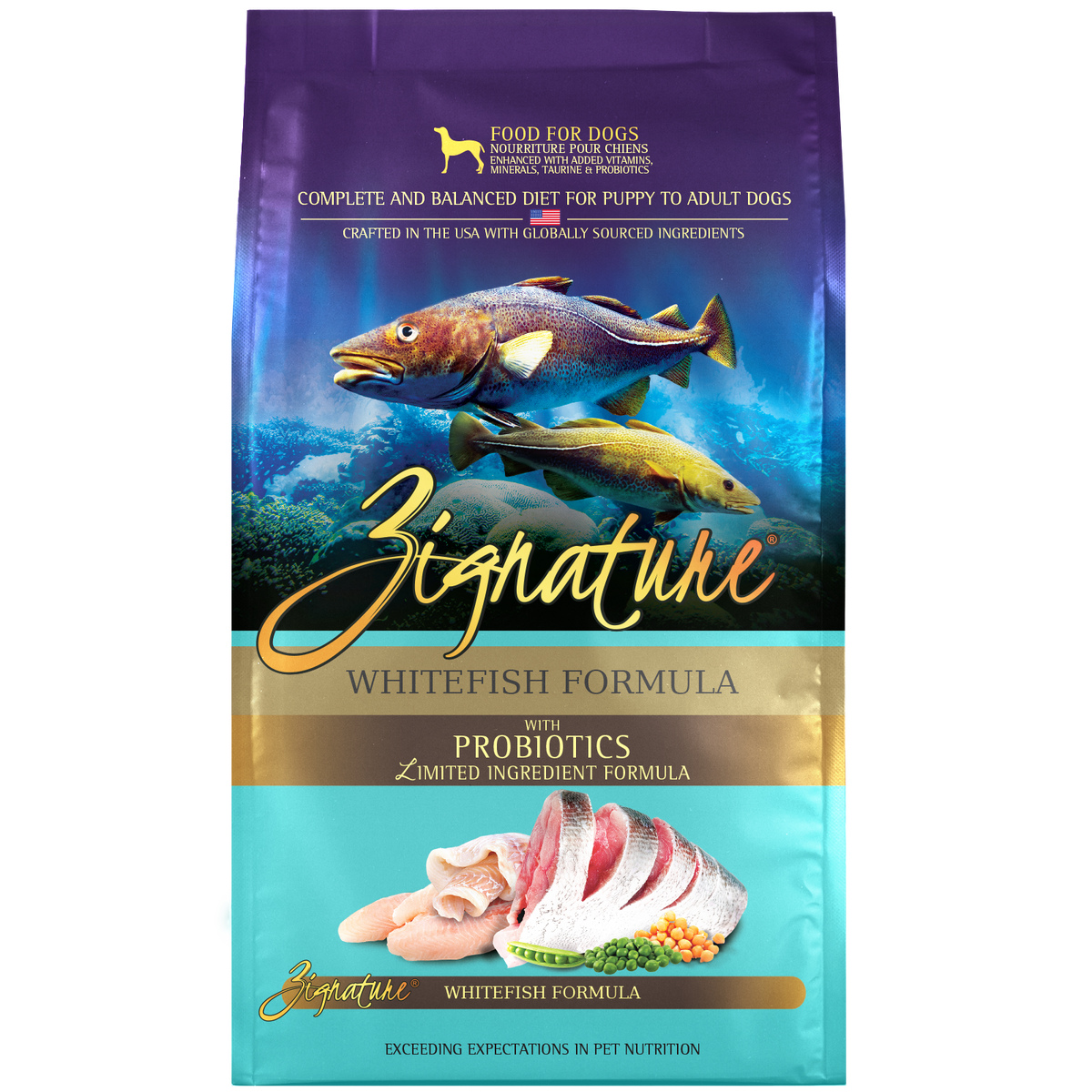 ZIGNATURE Whitefish formula dog dry food bag, front label with fish and probiotics text