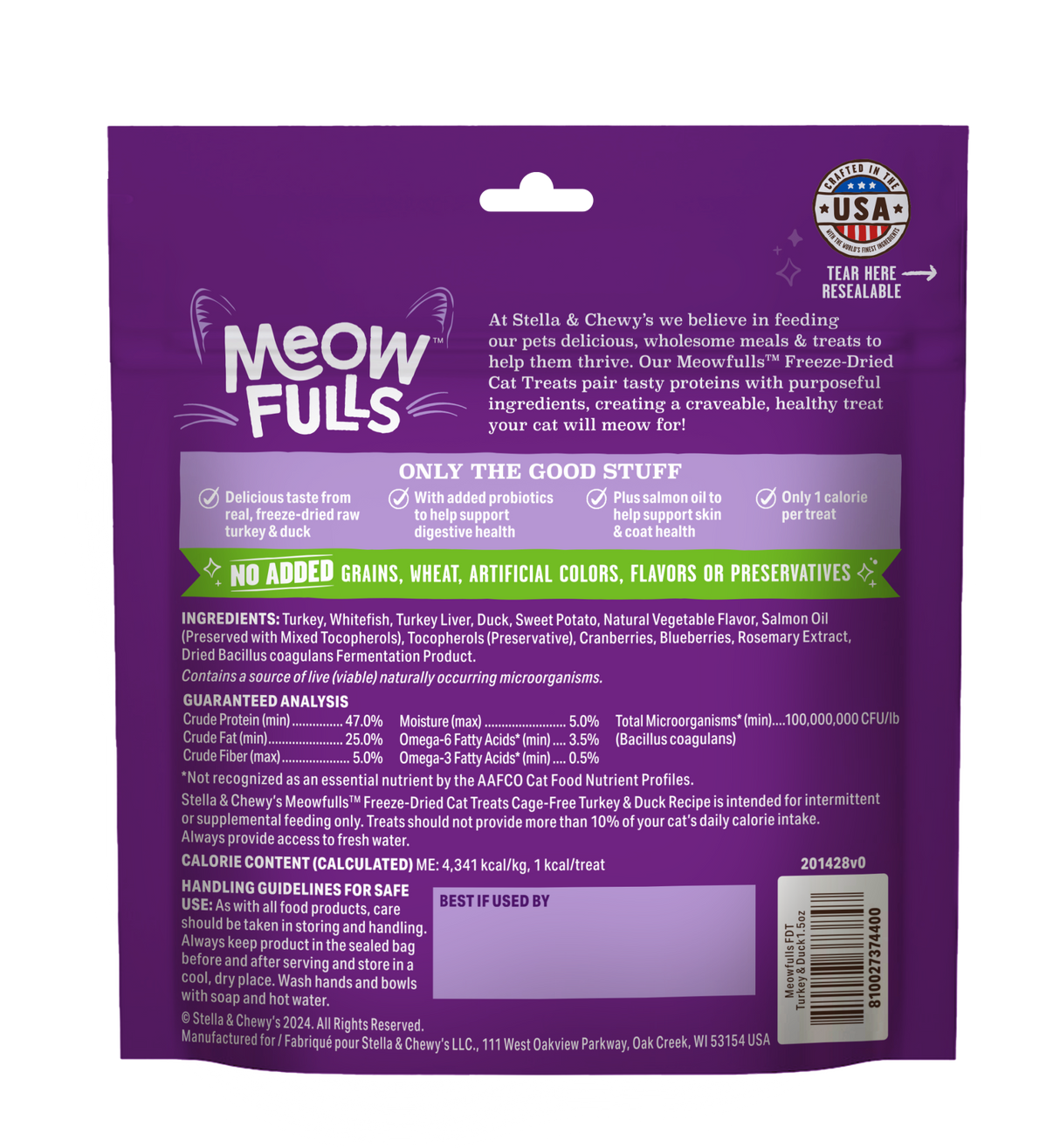 STELLA AND CHEWYS CAT MEOWFULLS FD TREATS TURKEY/DUCK 1.5OZ