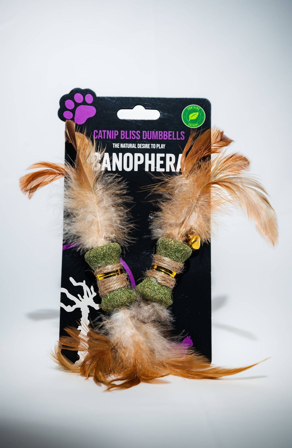 Canophera catnip bliss dumbbell cat toys (2-pack): green fuzzy with feather tails, purple tips