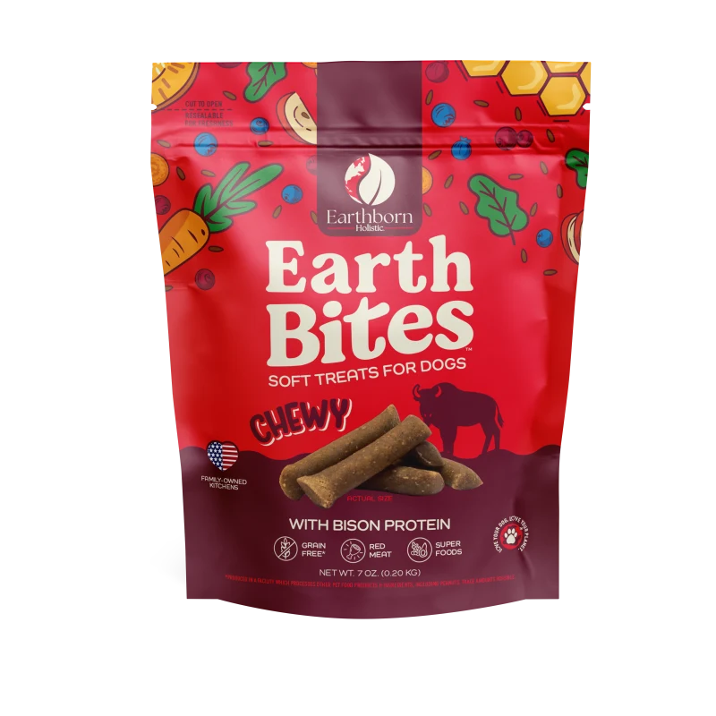 Earthborn EarthBites chewy bison protein dog treat pouch, red front with logo