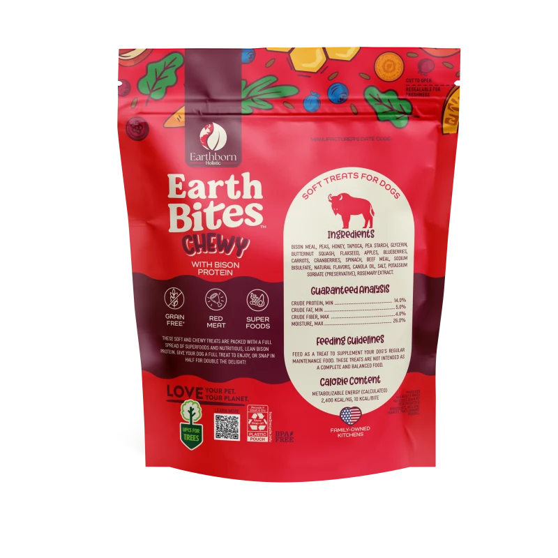 Earthborn EarthBites chewy bison protein dog treat pouch back with ingredient and feeding info
