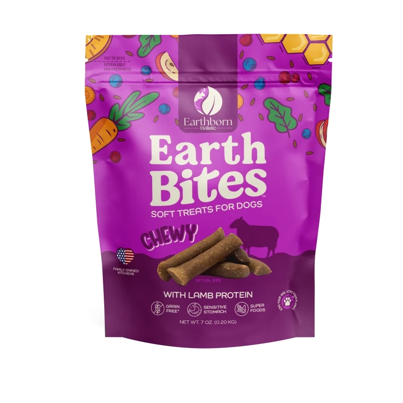 Earthborn EarthBites chewy dog treats bag with lamb protein, purple pouch