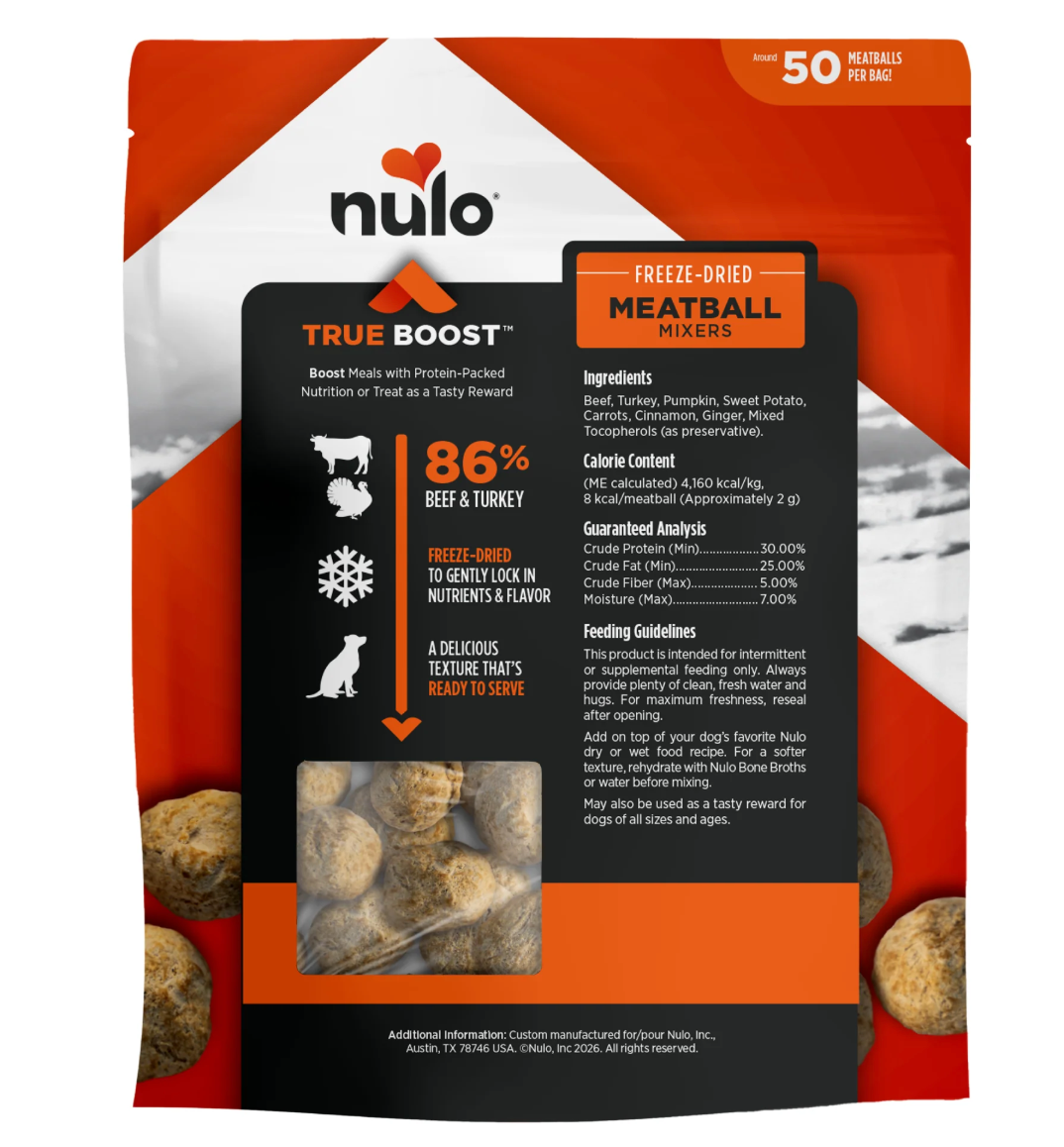 Nulo True Boost freeze-dried meatball mixers dog food pouch, back ingredient panel