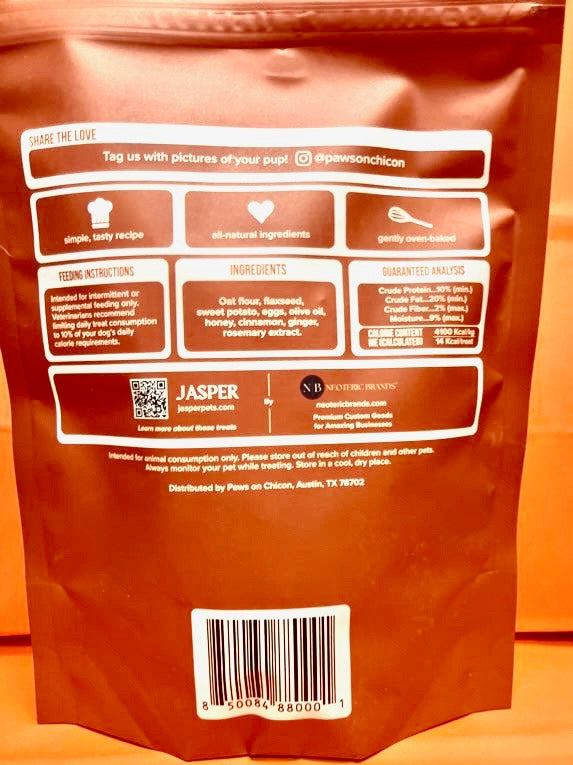 Orange dog treat pouch back panel with ingredients, directions, and barcode.