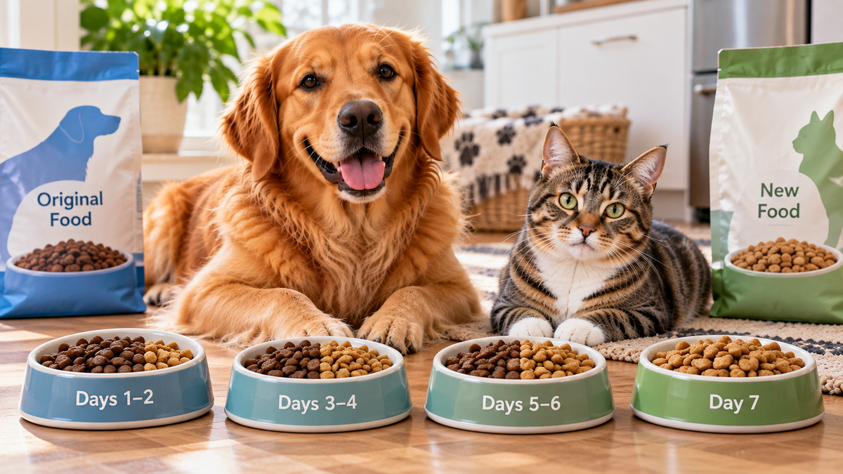 Measured portions of old and new pet food beside a seven-day transition chart