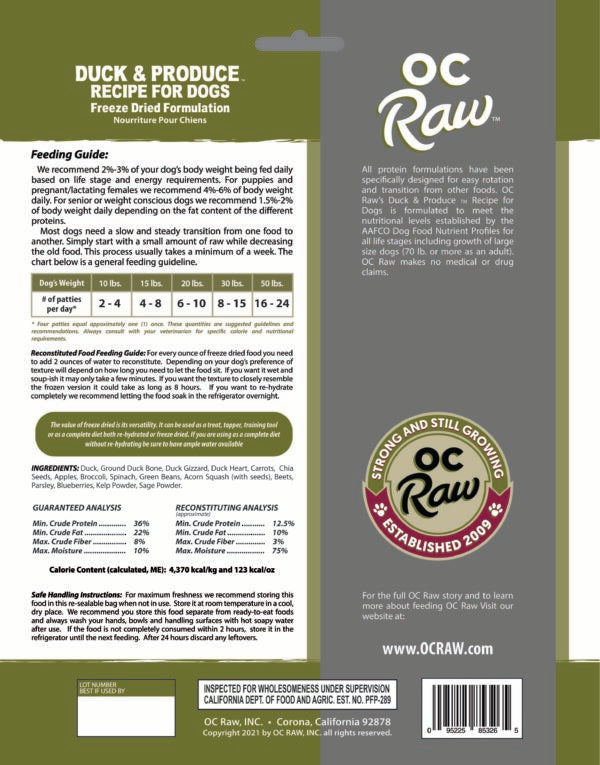OC RAW FREEZE DRIED DUCK AND PRODUCE