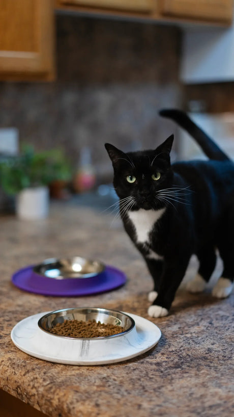 Messy Mutts Single Silicone Cat Bowl with Stainless Steel Saucer Shaped Bowl - Marble