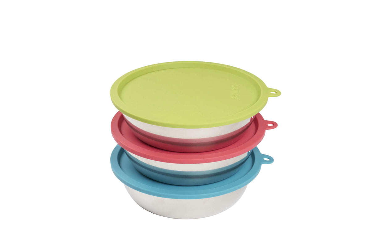 MESSY MUTTS Three Stainless Steel Dog Bowls and Three Silicone Lids, Medium, 1.5 Cups Per Bowl