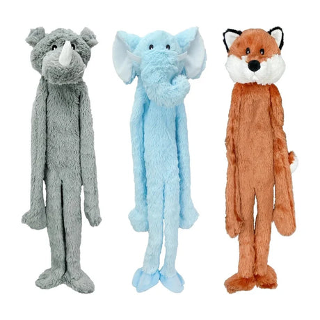 Plush dog toy set: gray animal, blue animal, orange fox plush figures