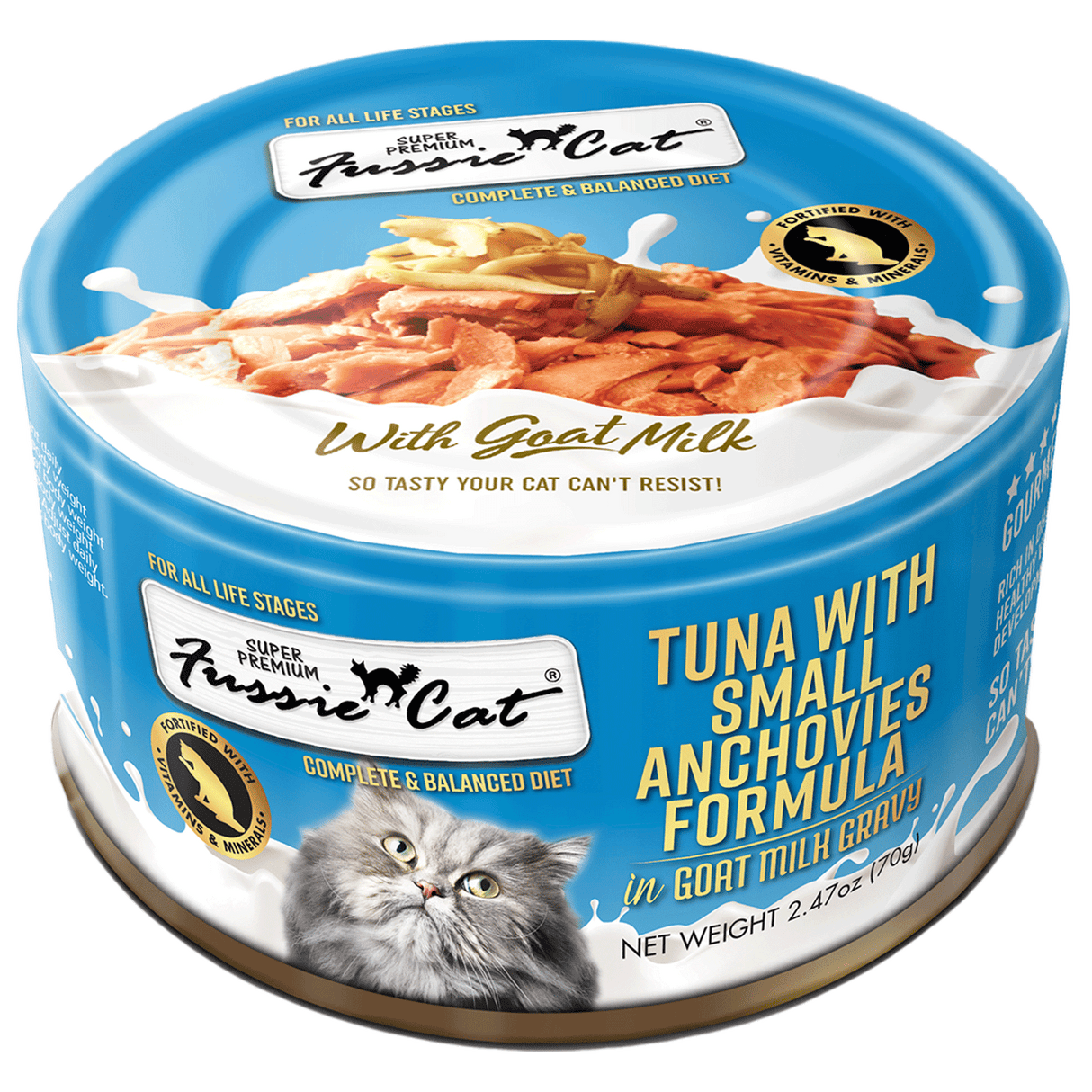 FUSSIE CAT CAN GOAT MILK GRAVY TUNA WITH SMALL ANCHOVIES 2.47OZ