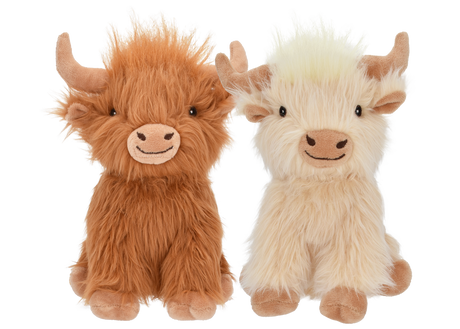Two plush dog toys shaped like highland cows, brown and cream fur, stitched smile