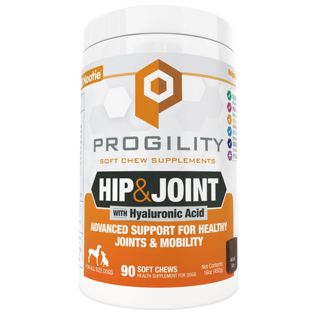 Nootie Progility Hip & Joint soft chew supplement bottle, white with orange label