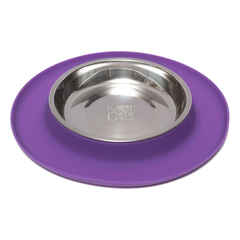 MESSY CATS SINGLE SILICONE CAT FEEDER WITH STAINLESS STEEL BOWL PURPLE