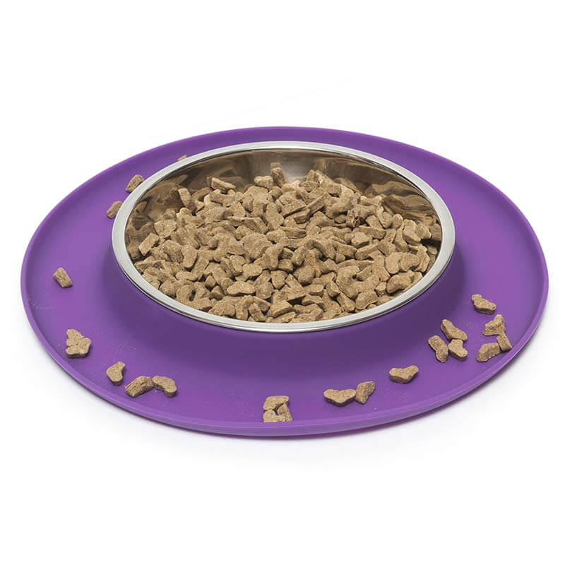 MESSY CATS SINGLE SILICONE CAT FEEDER WITH STAINLESS STEEL BOWL PURPLE