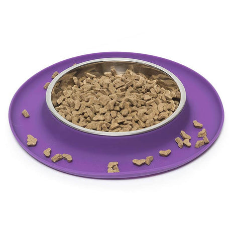 MESSY CATS SINGLE SILICONE CAT FEEDER WITH STAINLESS STEEL BOWL PURPLE