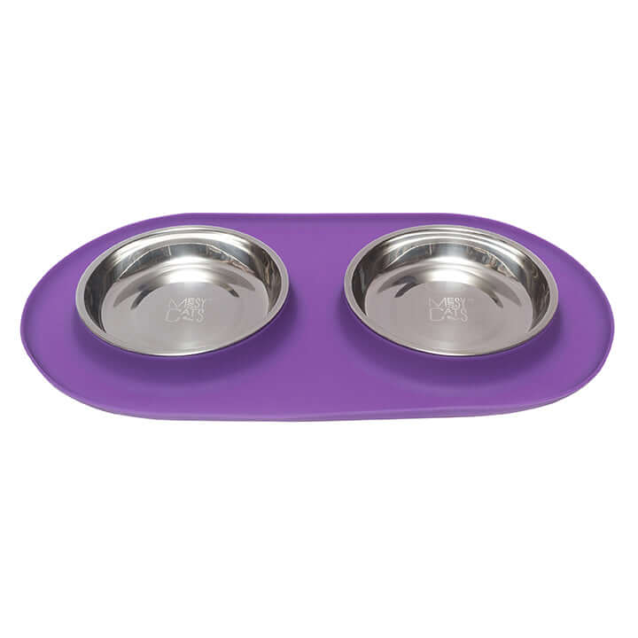 MESSY CATS DOUBLE SILICONE CAT FEEDER WITH STAINLESS SAUCER SHAPED BOWL -  PURPLE