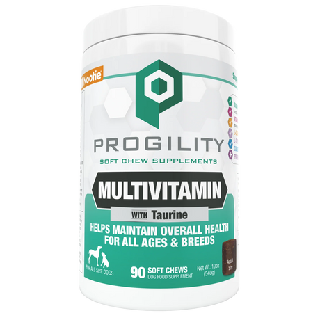 Dog multivitamin soft chew supplement bottle, white and green label with taurine text