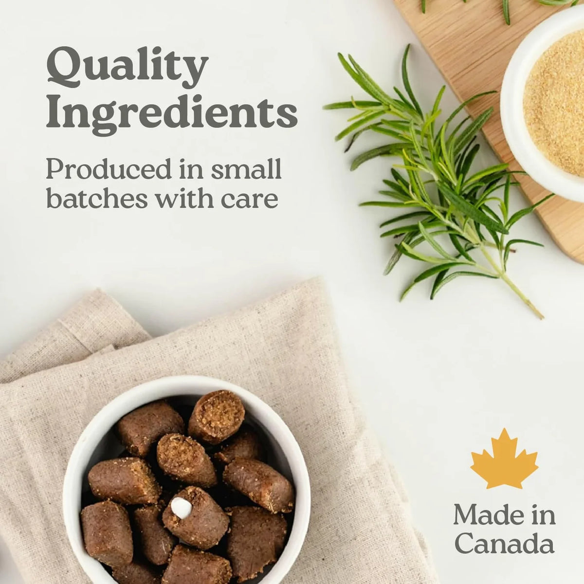 Bowl of brown pill-hiding dog treats with rosemary sprig