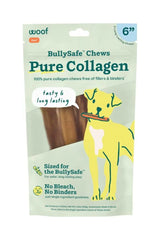 BullySafe Pure Collagen dog chew 6-inch bag, 5-pack, with hanging loop and dog illustration