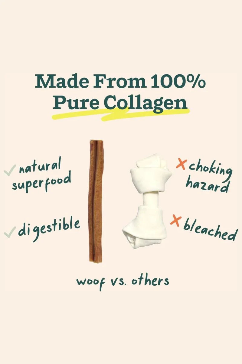 Pure collagen dog chew stick and white chew halves on product graphic