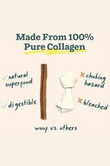 Pure collagen dog chew stick and white chew halves on product graphic