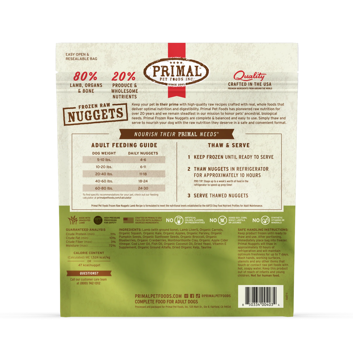 Primal Frozen Raw Dog Food Lamb Recipe