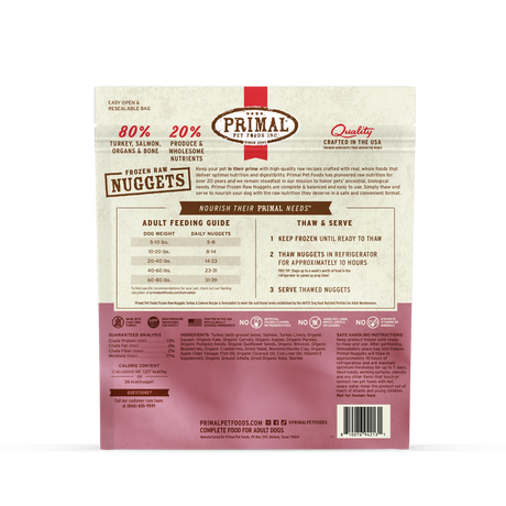 PRIMAL frozen raw dog nuggets bag, back label with feeding guide