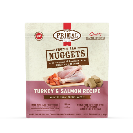 PRIMAL frozen raw dog nuggets bag, Turkey & Salmon recipe, front view