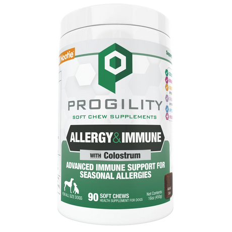 Progility allergy & immune soft chew supplement bottle, white with green label