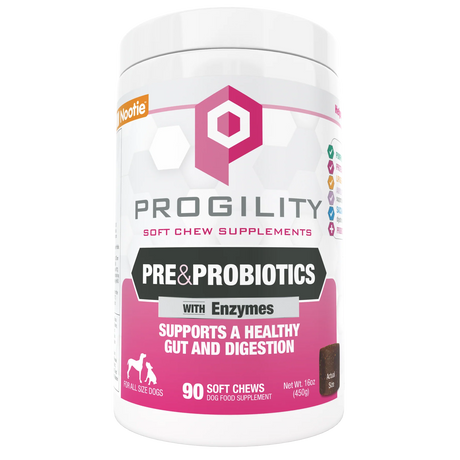 Nootie soft chew supplement bottle with ProGILITY label and pre & probiotics badge