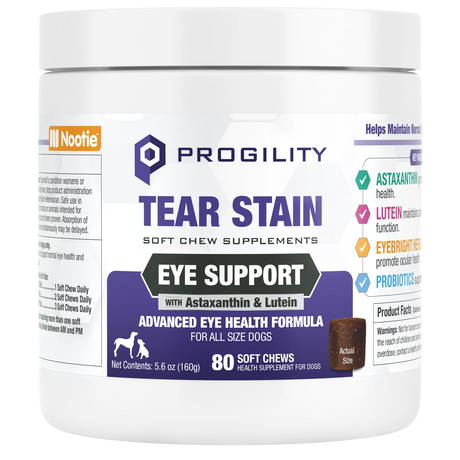 Nootie Progility tear stain soft chew supplement jar for dog eye support
