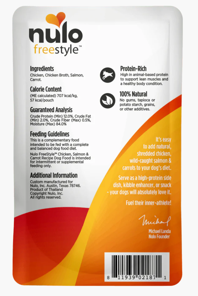 NULO FREESTYLE 3OZ POUCH CHICKEN, SALMON AND CARROT