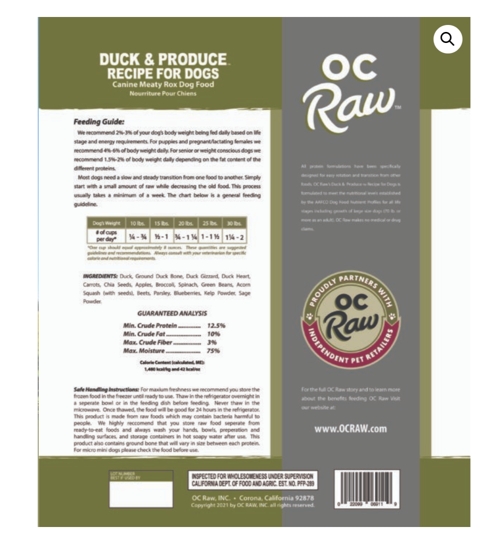 OC RAW FROZEN DUCK AND PRODUCE