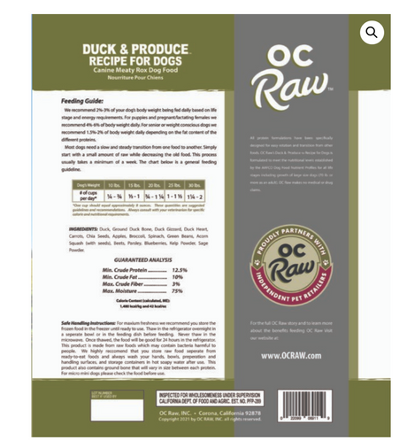 OC RAW FROZEN DUCK AND PRODUCE