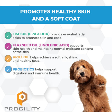 Progility skin & coat soft chews label: fish oil, flaxseed oil, krill oil, probiotics