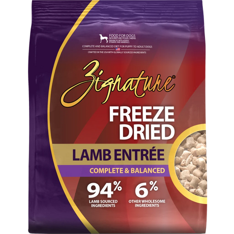 Freeze-dried lamb dog food pouch, complete & balanced, 94% lamb-sourced ingredients.