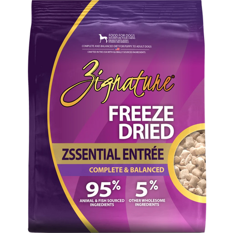 Zignature freeze-dried dog food bag in purple packaging