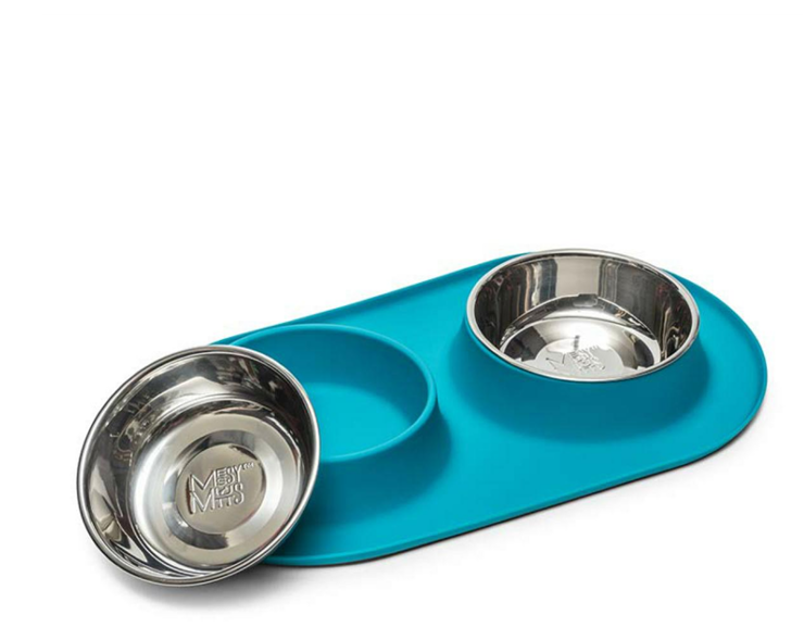 MESSY MUTTS Double Silicone Dog Feeder with Stainless Bowls, 3 Cups Per Bowl - Blue