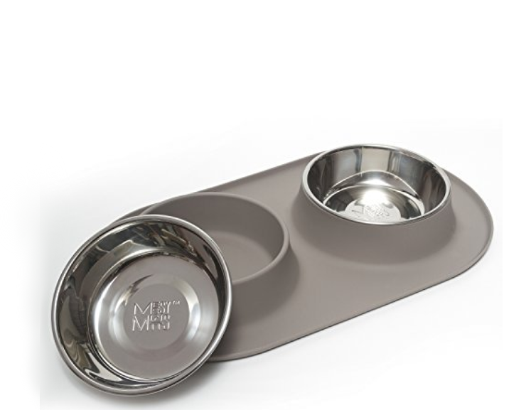 MESSY MUTTS Silicone Double Feeder with Stainless Steel Bowls - Gray